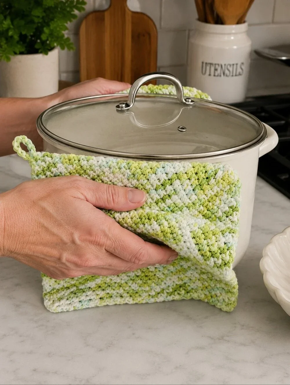 Crochet Potholder Set: The Colors Are Limeade Variations of Green and White